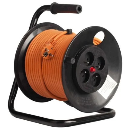 392.450 - Derulatorprelungitor, 4 prize Schuko, 50m, portocaliu, H05VV-F 3G2.5, termosiguranta pentru intrerupere alimentare in caz de suprasarcina